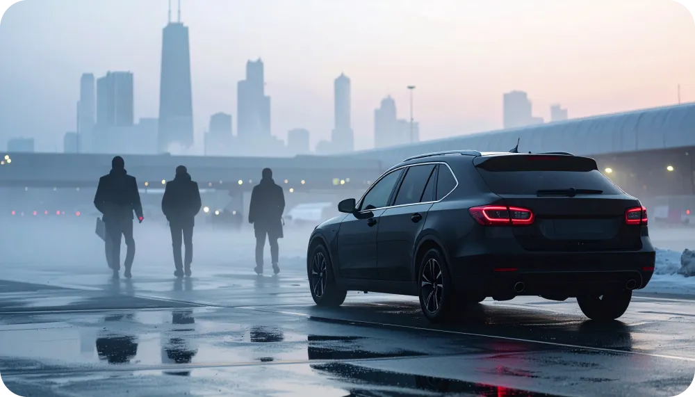 Luxury black SUV limousine parked in front of Chicago skyline with city lights reflecting off its polished exterior