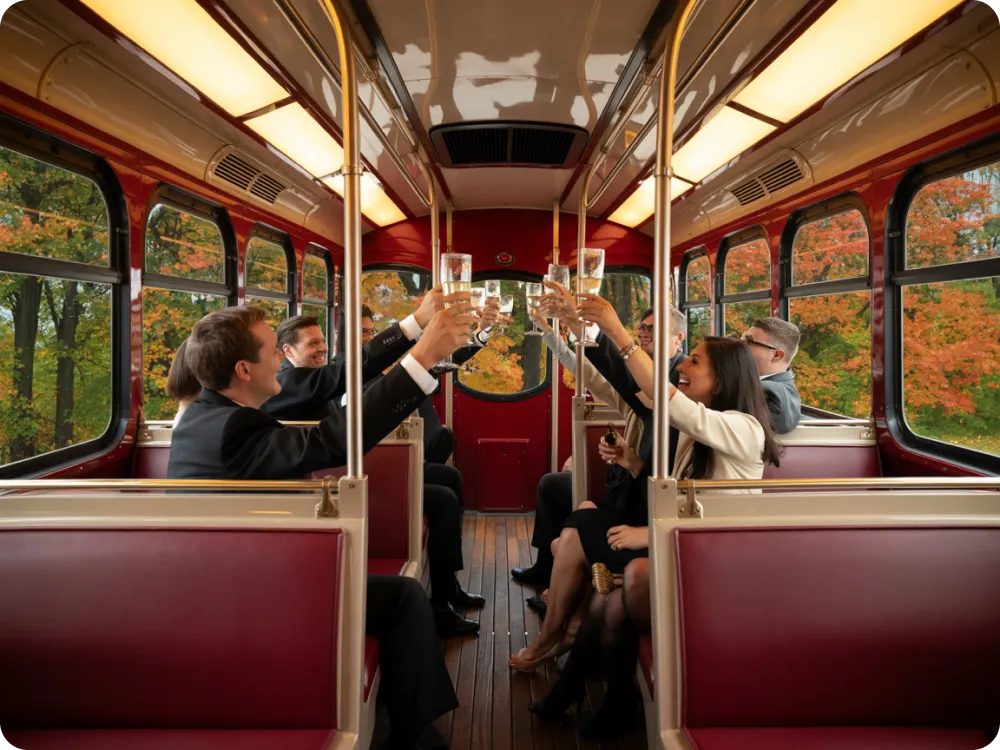 Chicago Trolley Bus 13 Interior luxury trolley bus Chicago - vintage wooden seating with modern amenities