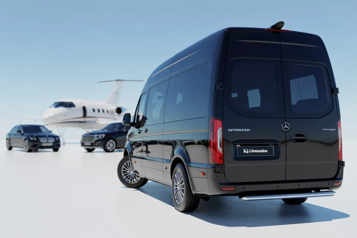 Luxury Airport Transportation jet with black sedan, SUV, and Sprinter van on white background - executive travel.