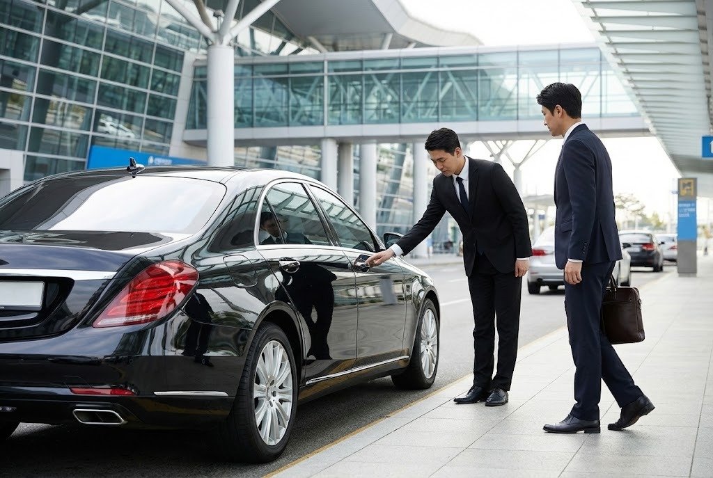 Executive airport transfer taxi service with professional chauffeur assisting passenger at airport terminal